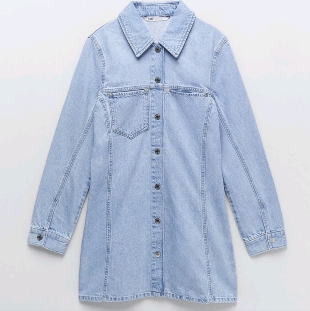 Zara Cotton Fitted Long Sleeves Button Down Denim Shirt Dress Light Wash Size S - Picture 5 of 15